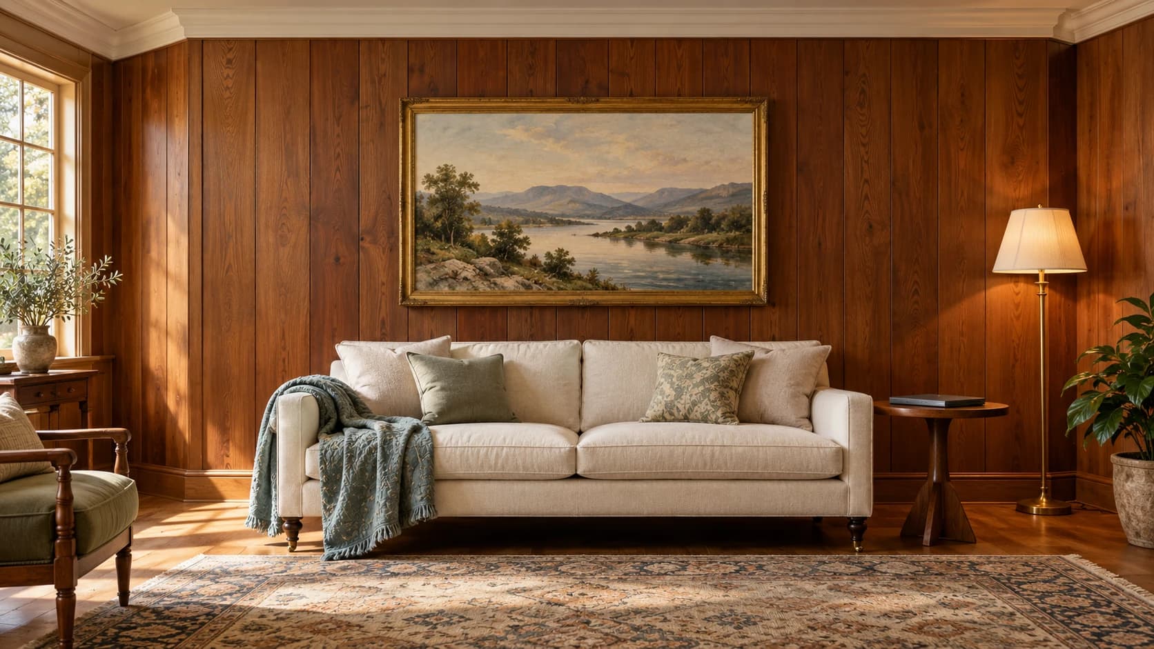 Illustrative mahogany living room with a framed watercolor, a quilt on the sofa, and a laptop on a side table